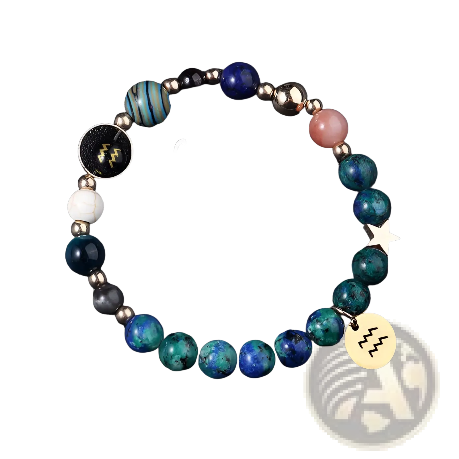 Natural stone zodiac constellation beaded bracelet featuring aquarius design with blue green and pink stones and metallic charms