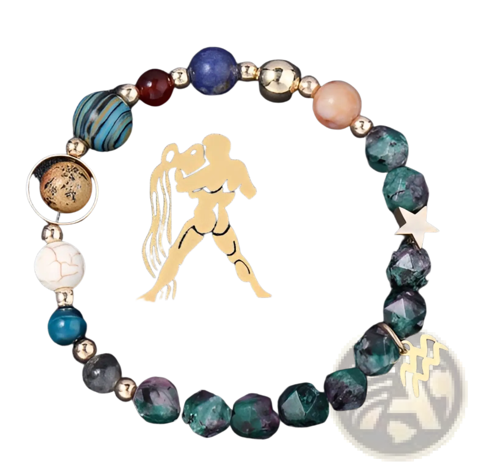 Natural stone zodiac constellation beaded bracelet with gold-toned Aquarius figure and colorful gemstone beads