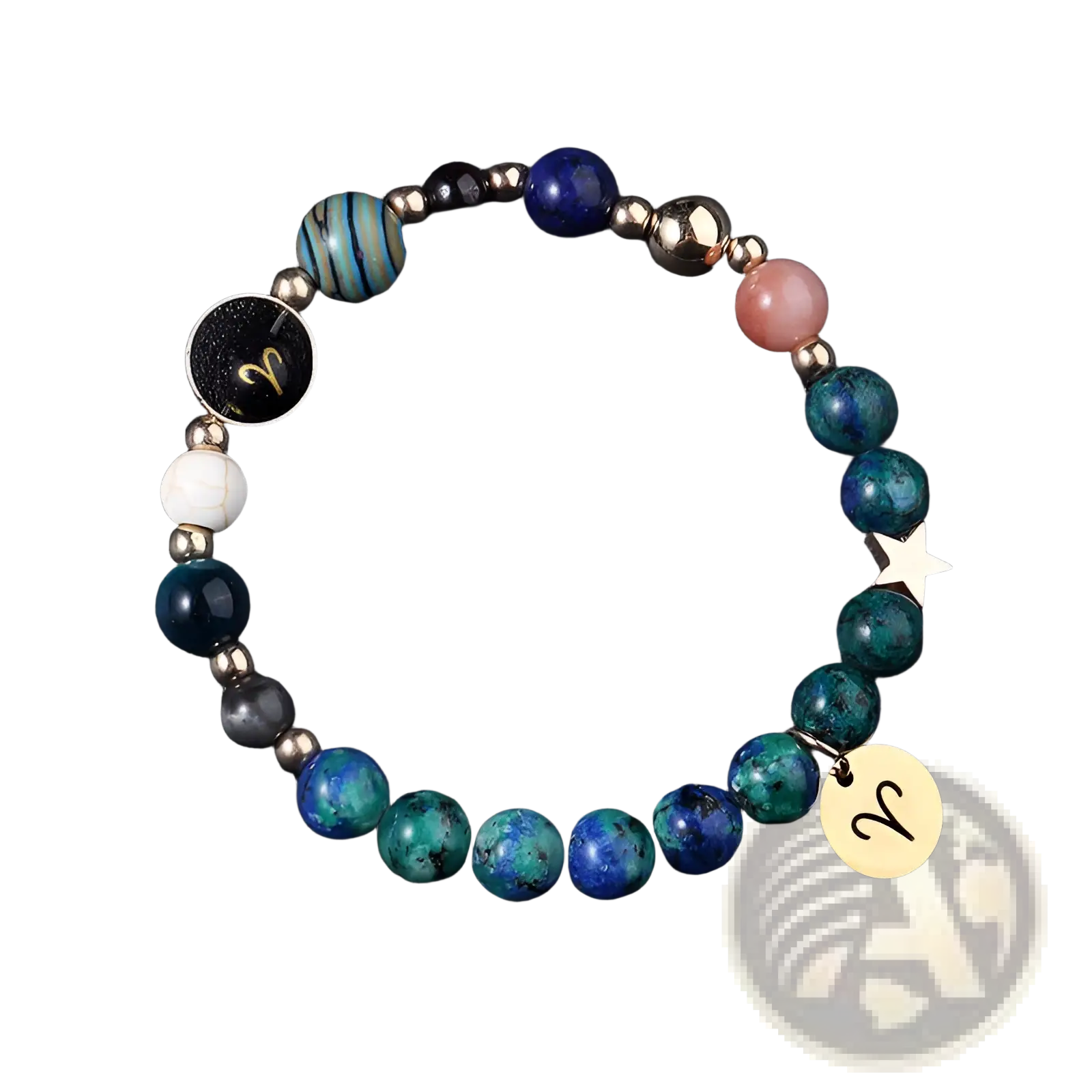 Natural stone zodiac constellation beaded bracelet with blue green pink stones metallic accents and Aries symbol charms
