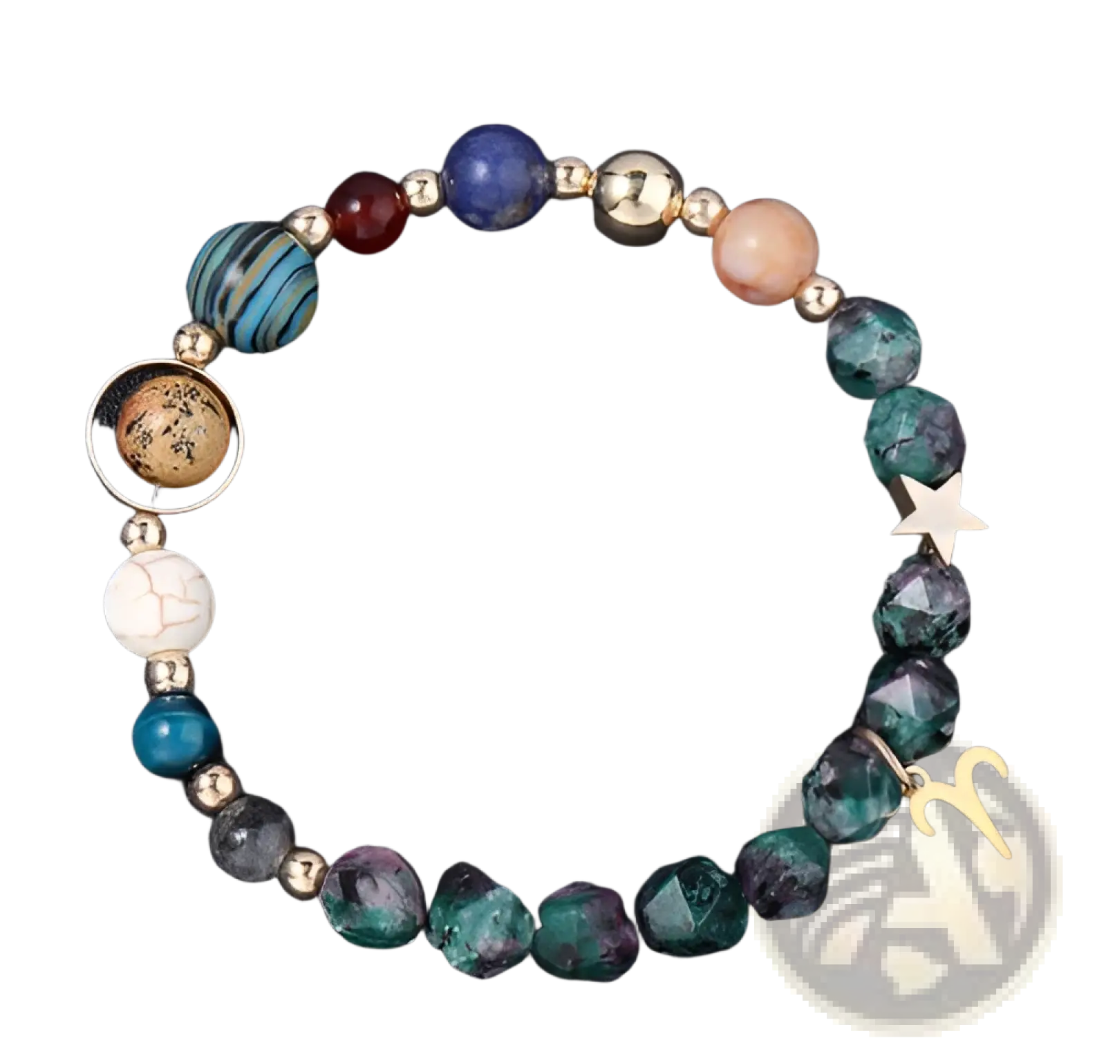 Natural stone zodiac constellation beaded bracelet with colorful gemstones and a gold-toned Aries ram charm