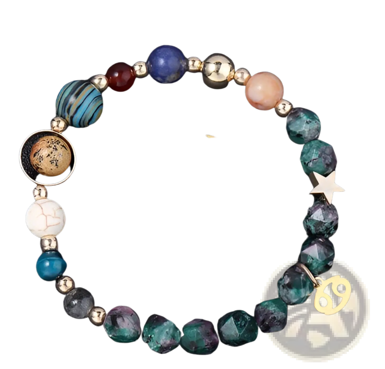 Natural stone zodiac constellation beaded bracelet featuring colorful blue green red gemstone beads with silver cancer charms