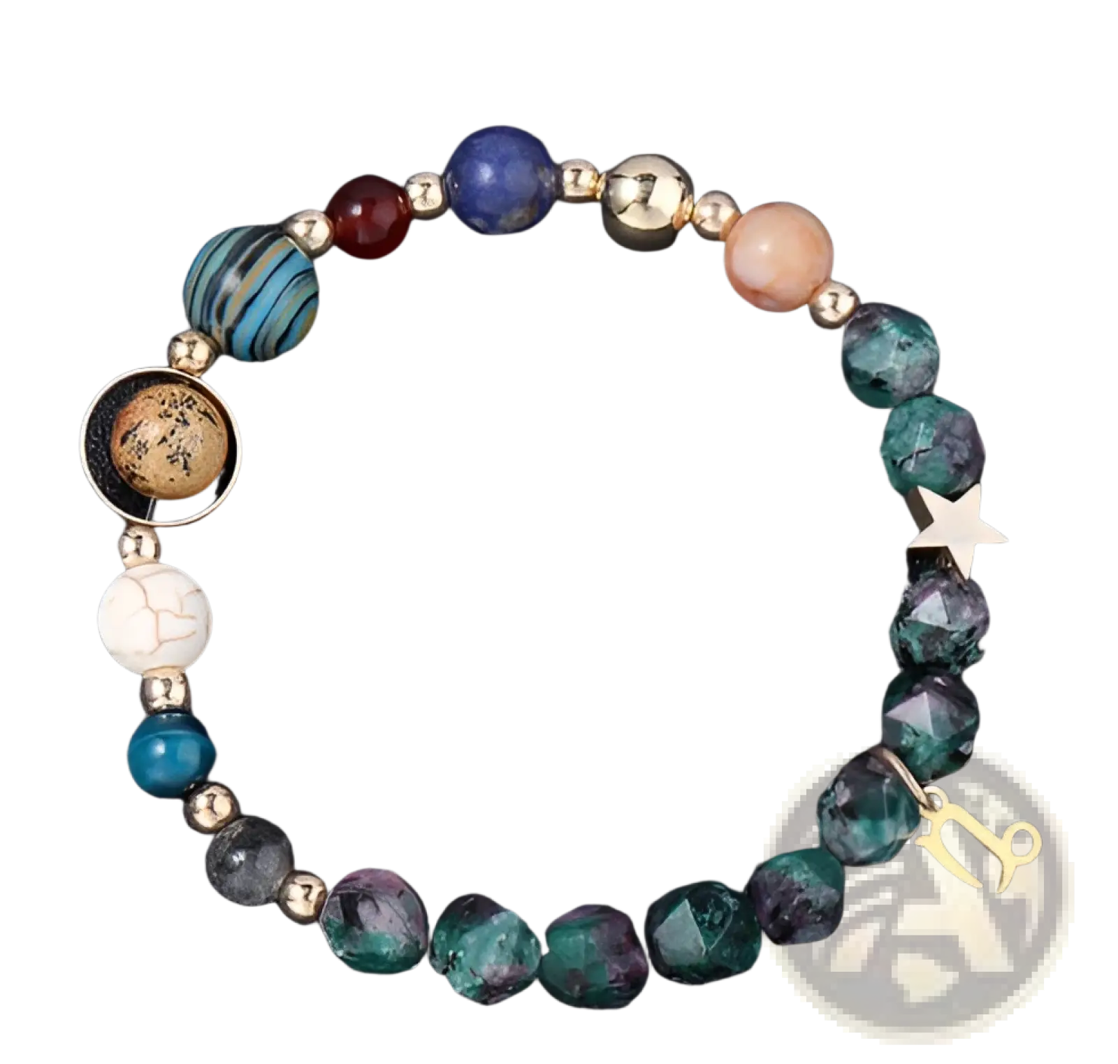 Natural stone zodiac constellation beaded bracelet featuring colorful gemstones metallic accents and gold-toned Capricorn charms