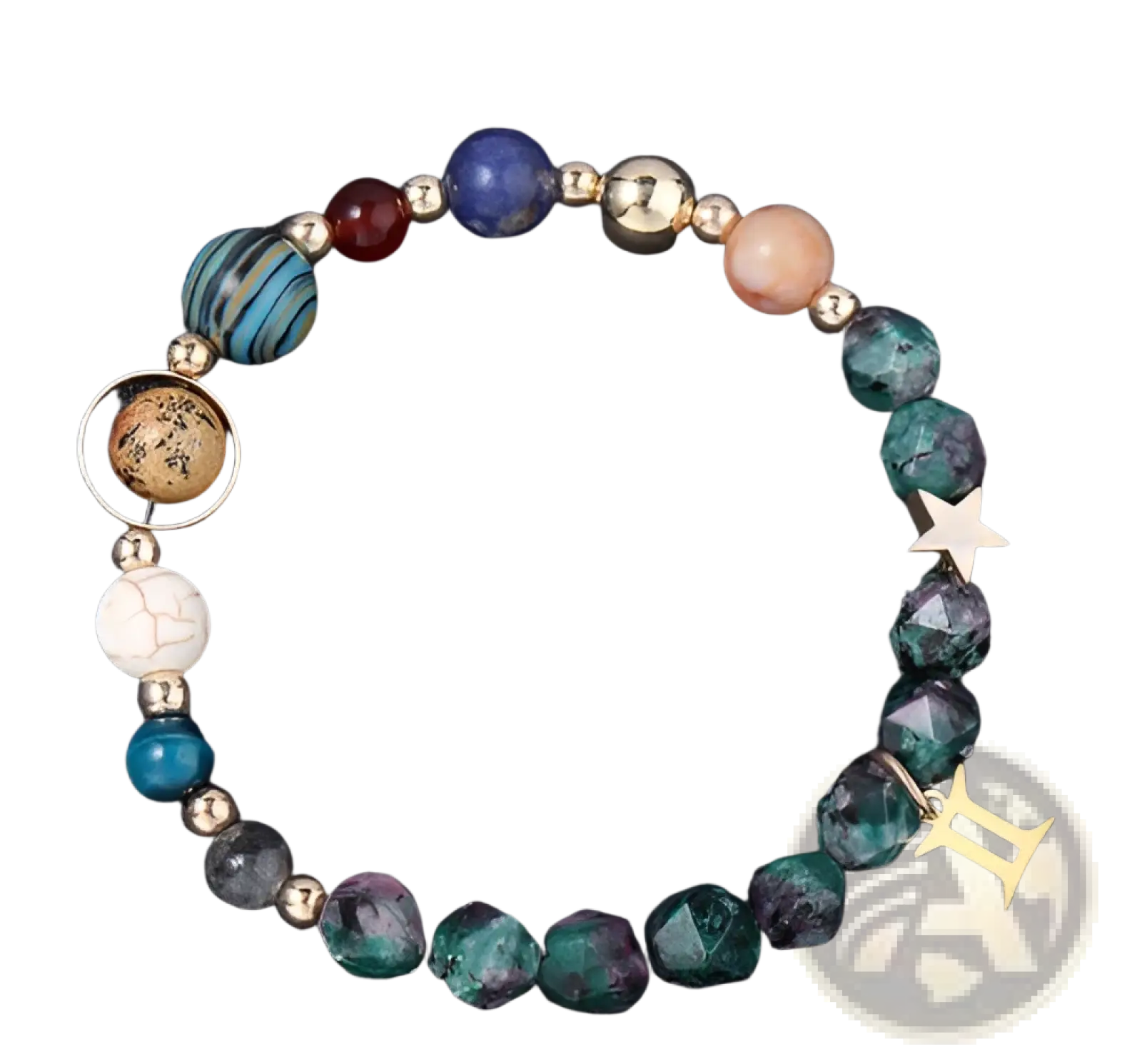 Natural stone zodiac constellation beaded bracelet with multicolored stones metallic accents and gold-toned gemini charm