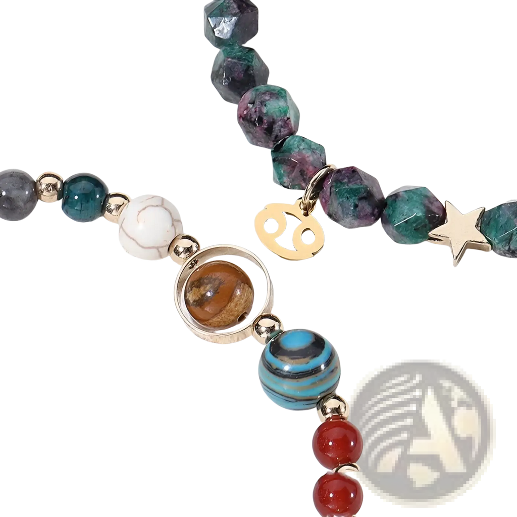 Natural stone zodiac constellation beaded bracelet with colorful faceted gemstones, marble bead, gold charms, and turquoise beads