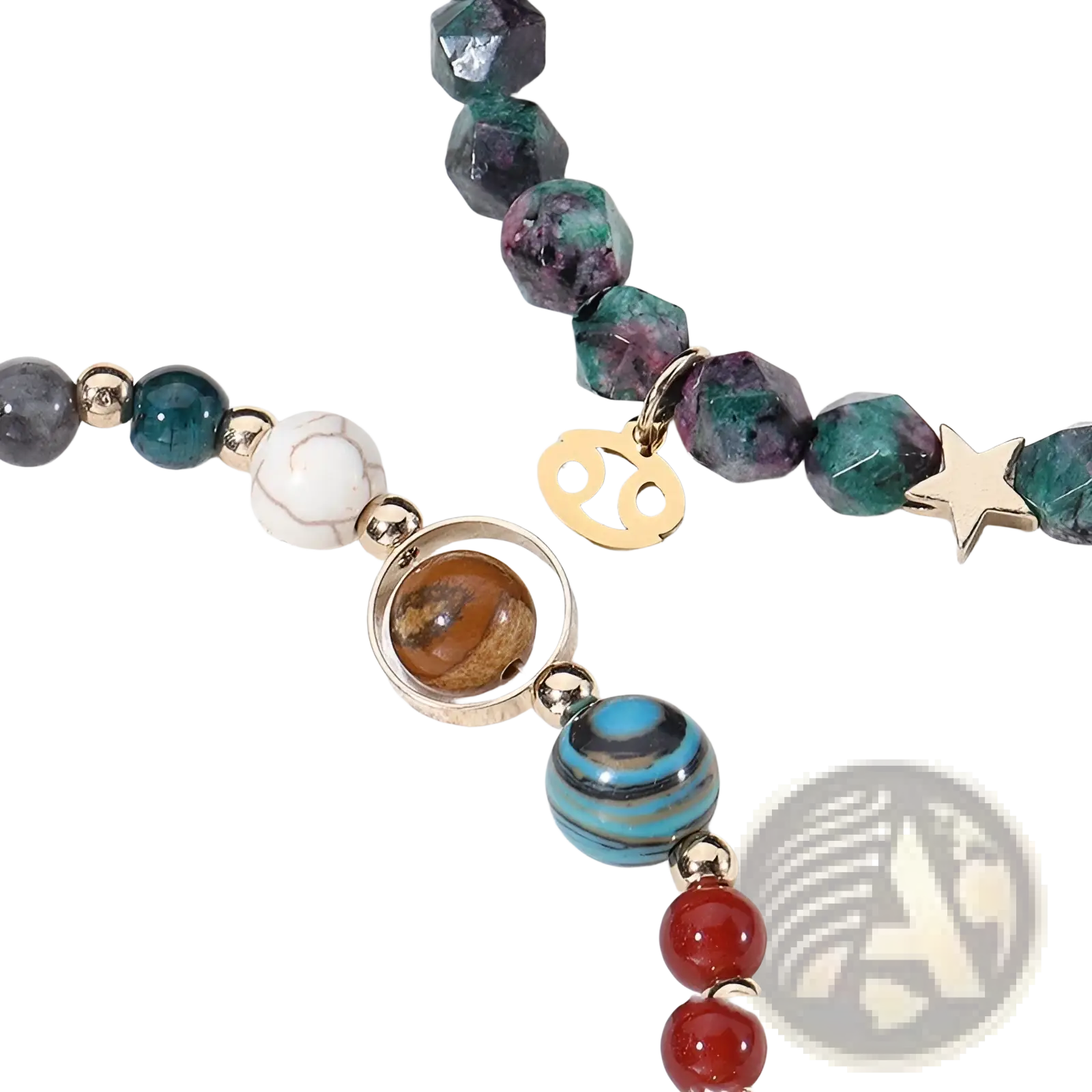 Natural stone zodiac constellation beaded bracelet with colorful faceted gemstones, marble bead, gold charms, and turquoise beads