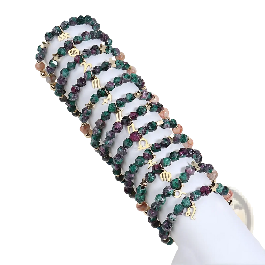 Natural stone zodiac constellation beaded bracelet set with faceted green and purple gemstones and gold-toned charms