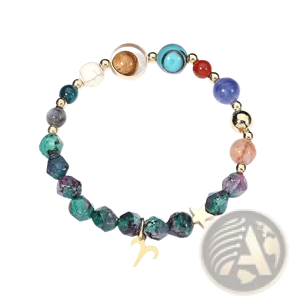Natural stone zodiac constellation beaded bracelet with colorful polished gemstones in teal purple blue red and gold accents