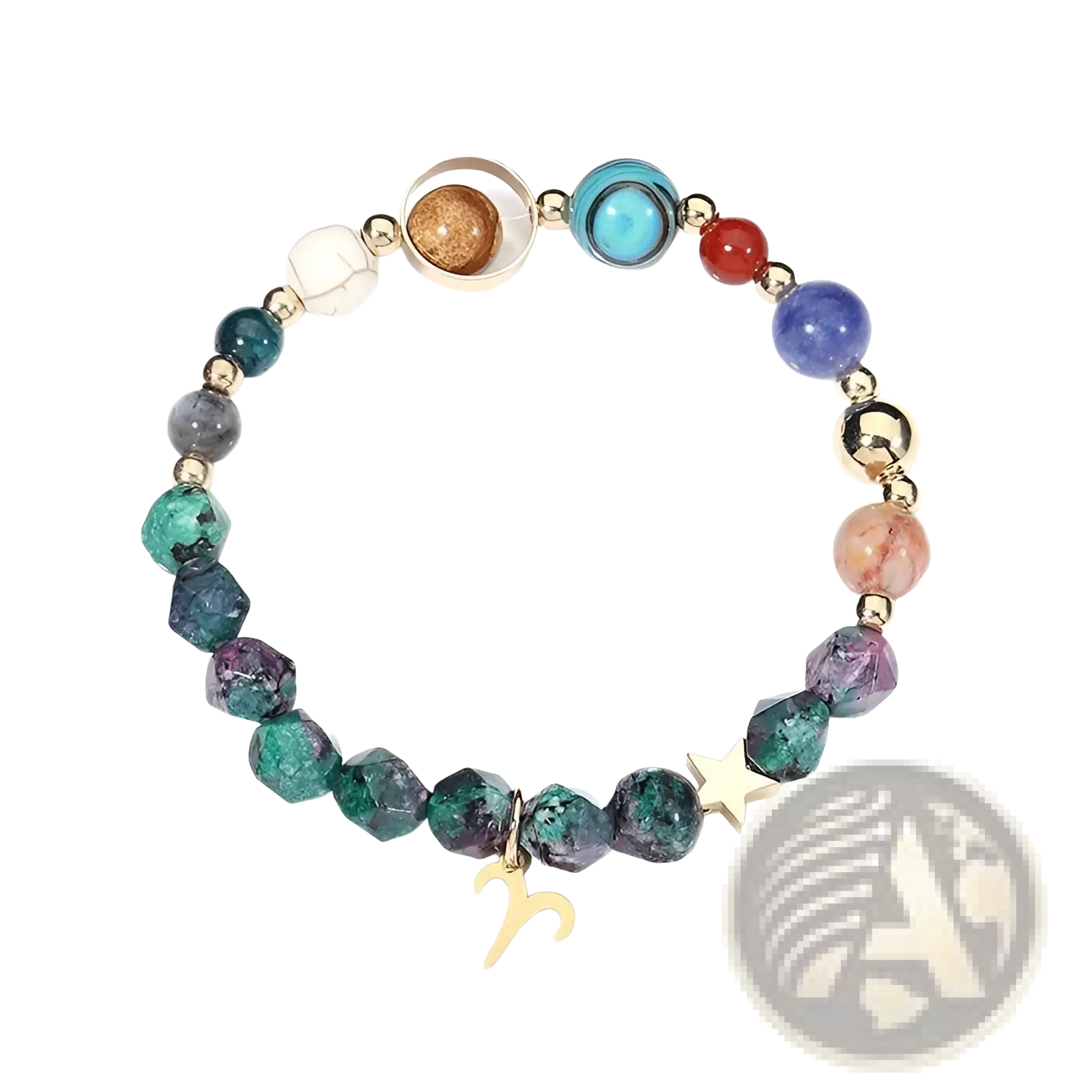 Natural stone zodiac constellation beaded bracelet with colorful polished gemstones in teal purple blue red and gold accents