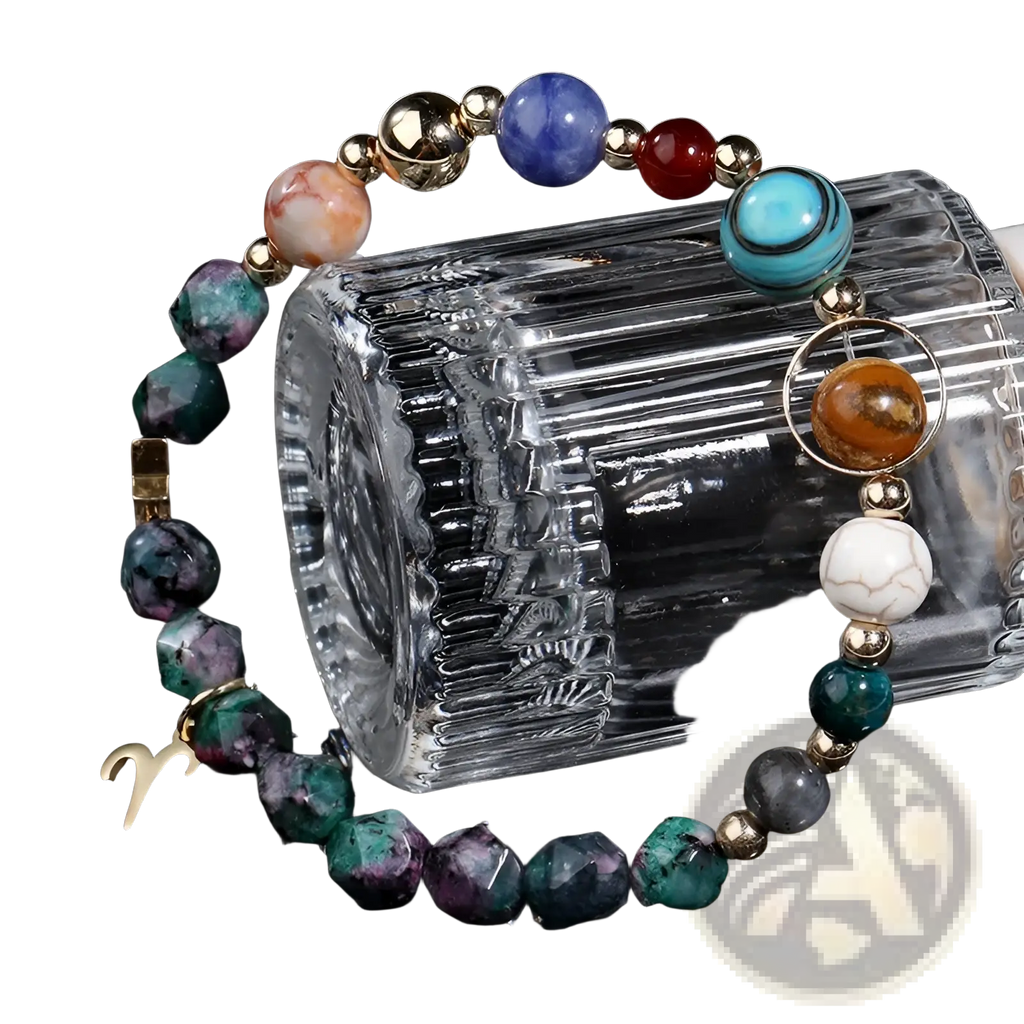 Natural stone zodiac constellation beaded bracelet with colorful polished stones and gold-toned metal accents