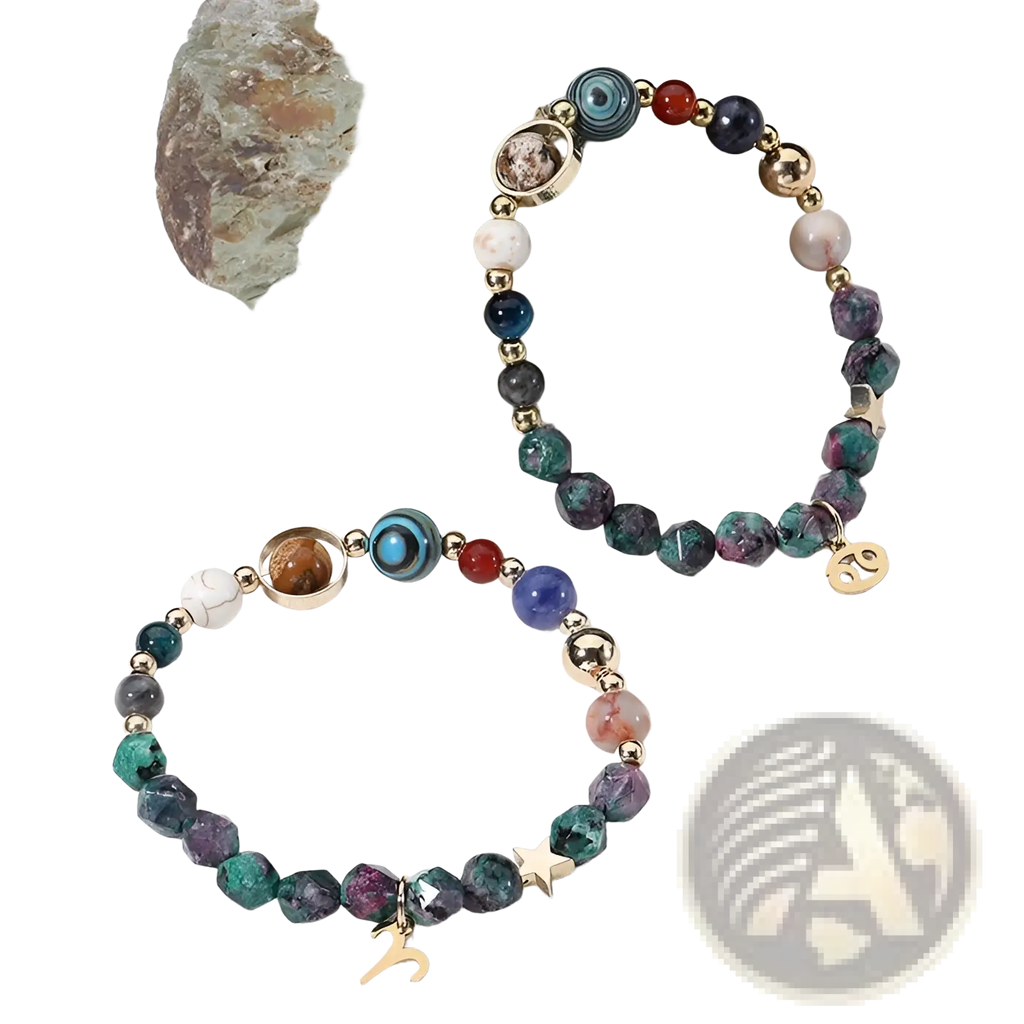 Two natural stone zodiac constellation beaded bracelets with multicolored faceted gemstones and gold-toned accents