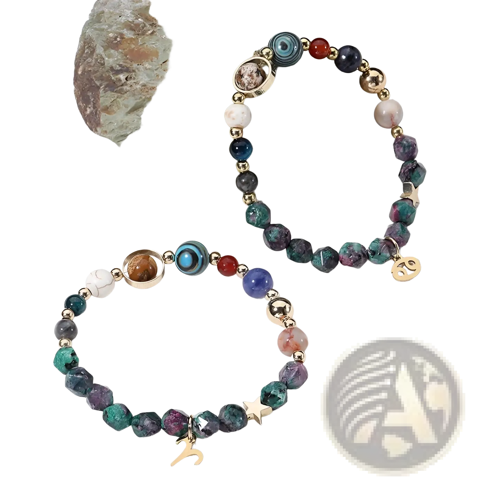 Two natural stone zodiac constellation beaded bracelets with multicolored faceted gemstones and gold-toned accents