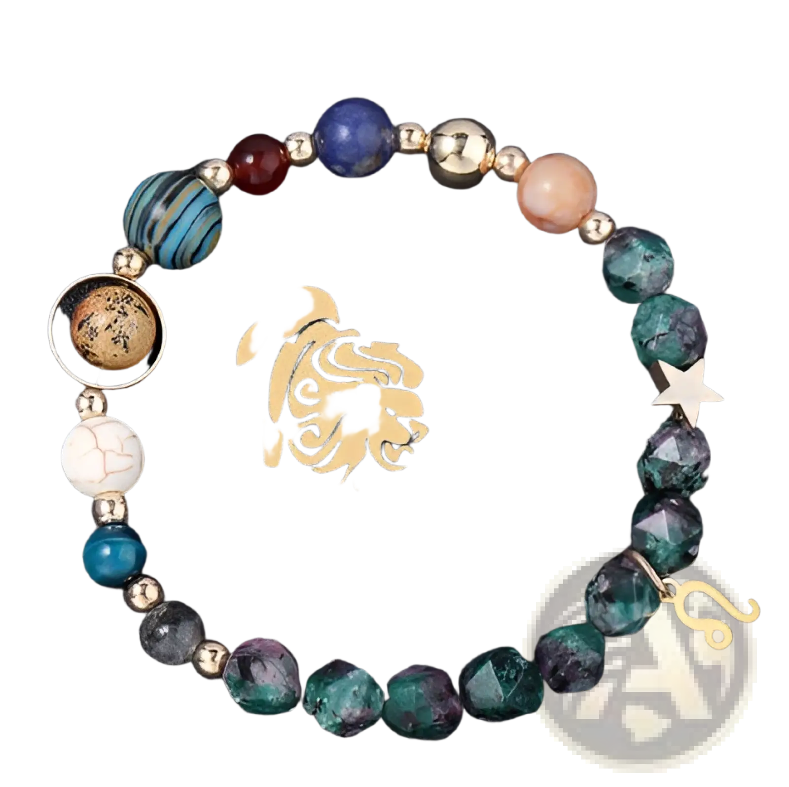 Natural stone zodiac constellation beaded bracelet with gold-toned leo emblem lion charm and multicolor beads