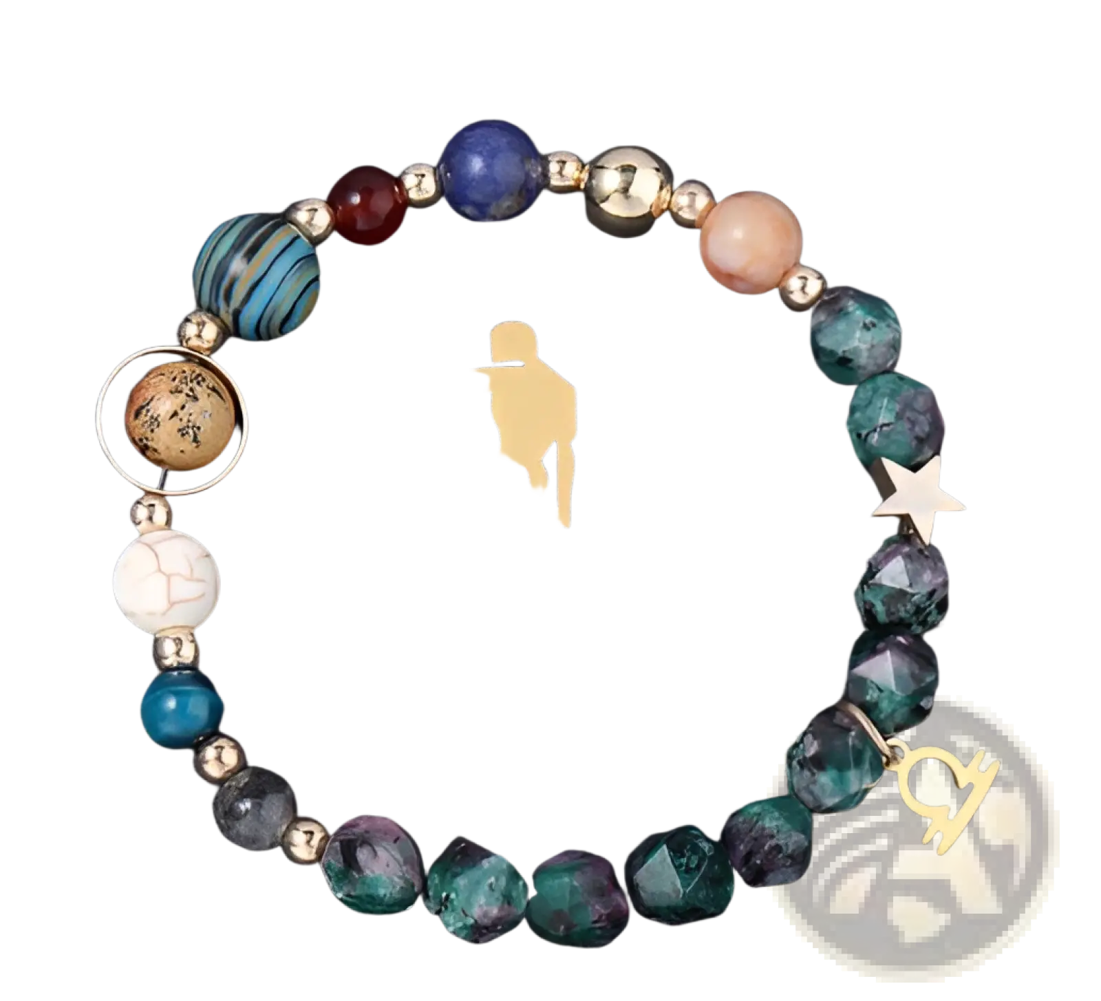 A gold-toned libra zodiac bracelet with colorful faceted gemstones metallic beads and celestial-themed charms