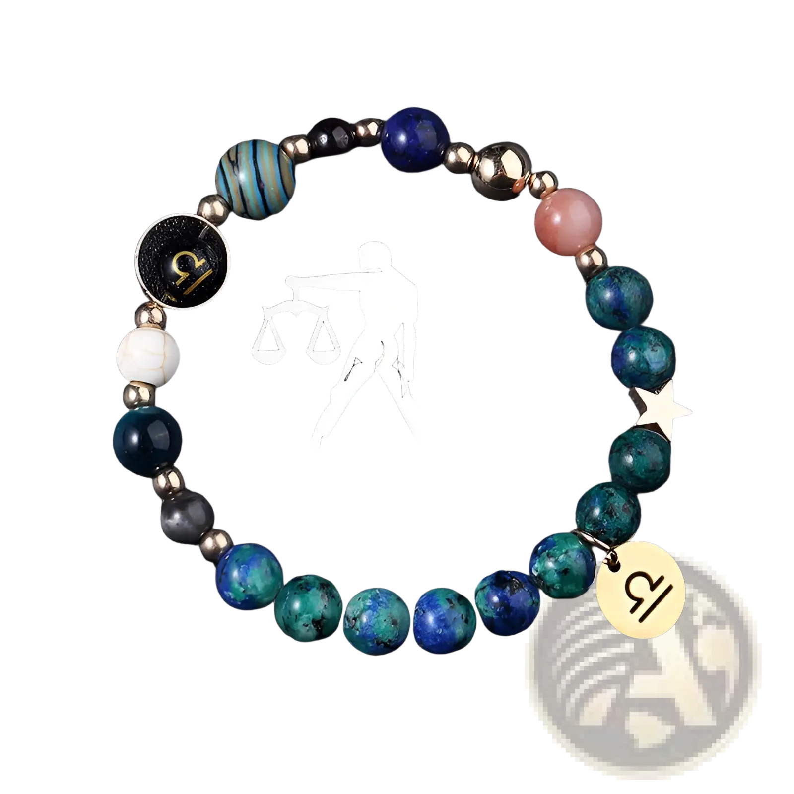 A libra-themed natural stone zodiac constellation beaded bracelet with blue green pink stones and metallic accents