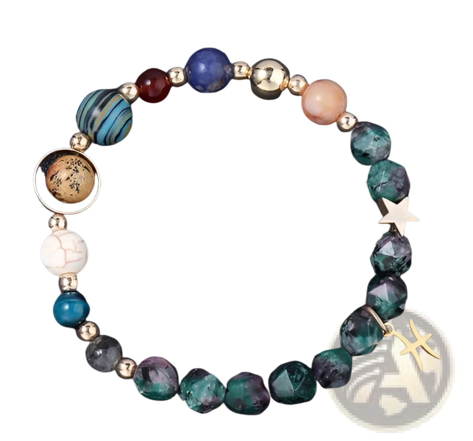 A natural stone zodiac Pisces beaded bracelet with multicolored gemstones metallic accents and star-shaped charms