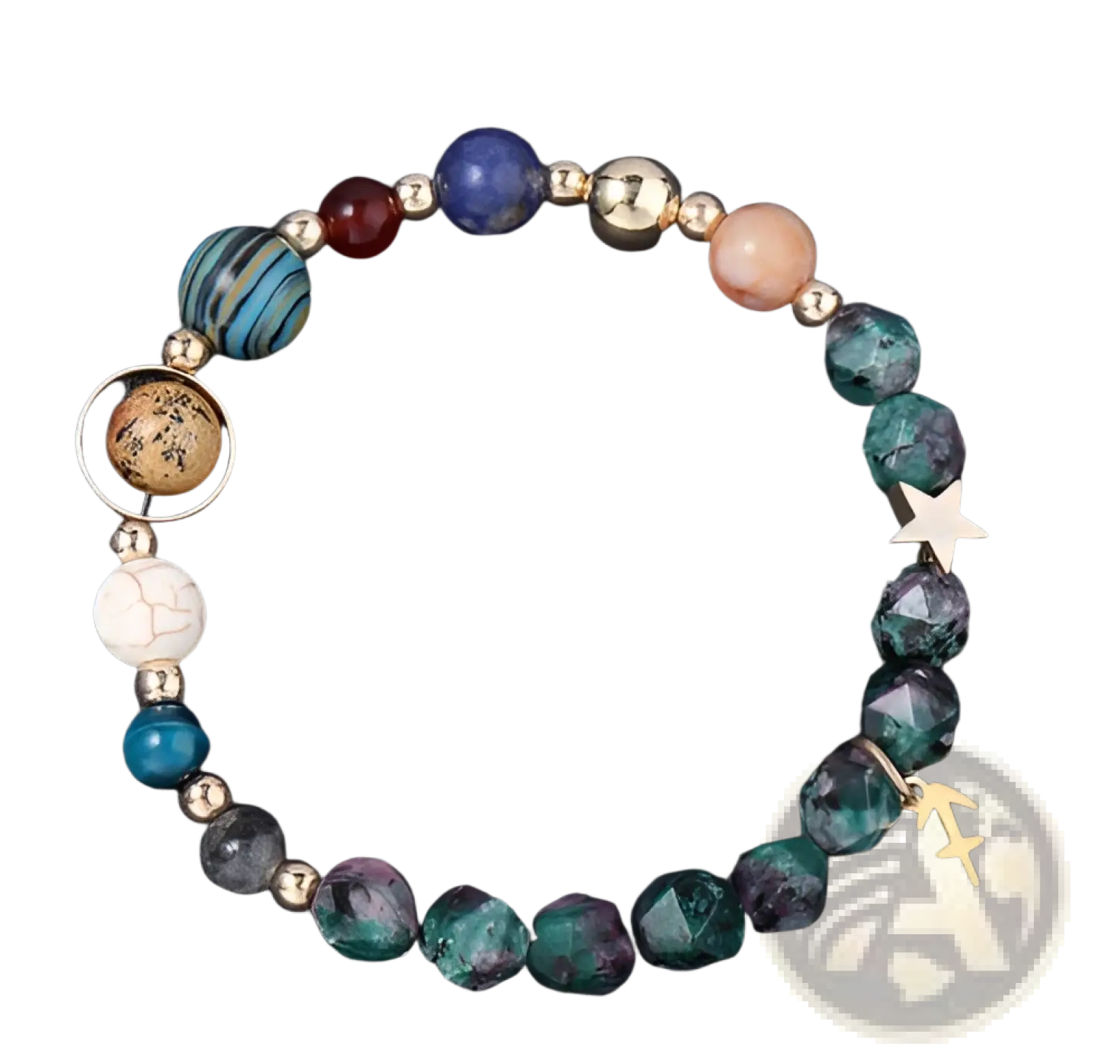 Natural stone zodiac constellation beaded bracelet with multicolored gemstones metallic accents and gold-toned archer charm