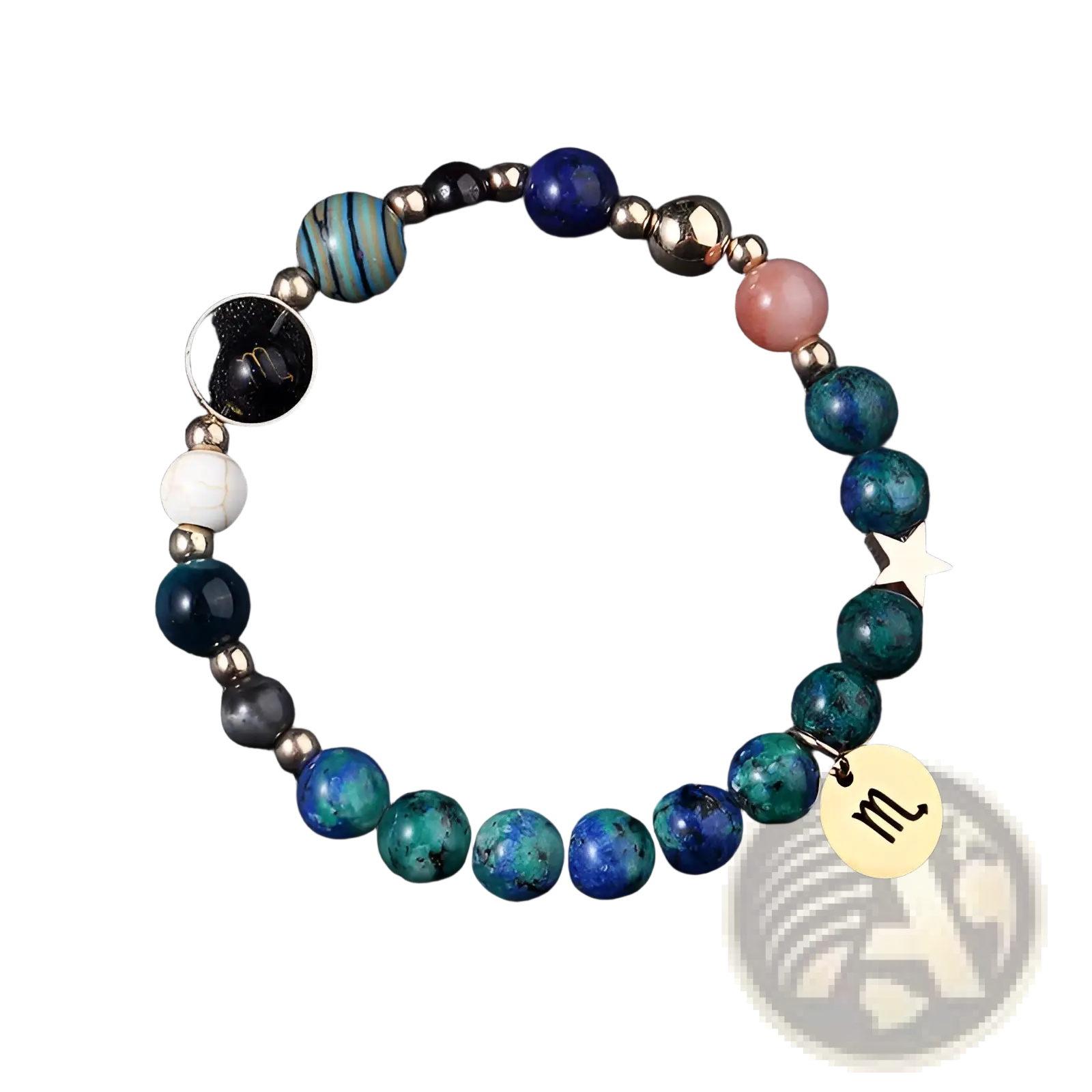 A scorpio-themed natural stone zodiac constellation beaded bracelet with blue green pink stones and metallic charms