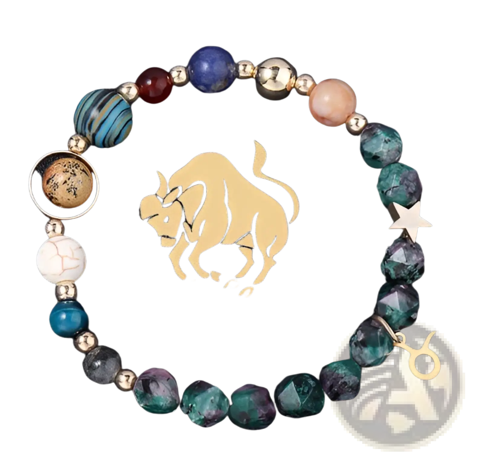 Natural stone zodiac constellation beaded bracelet with colorful gemstones metallic accents and engraved golden Taurus charm