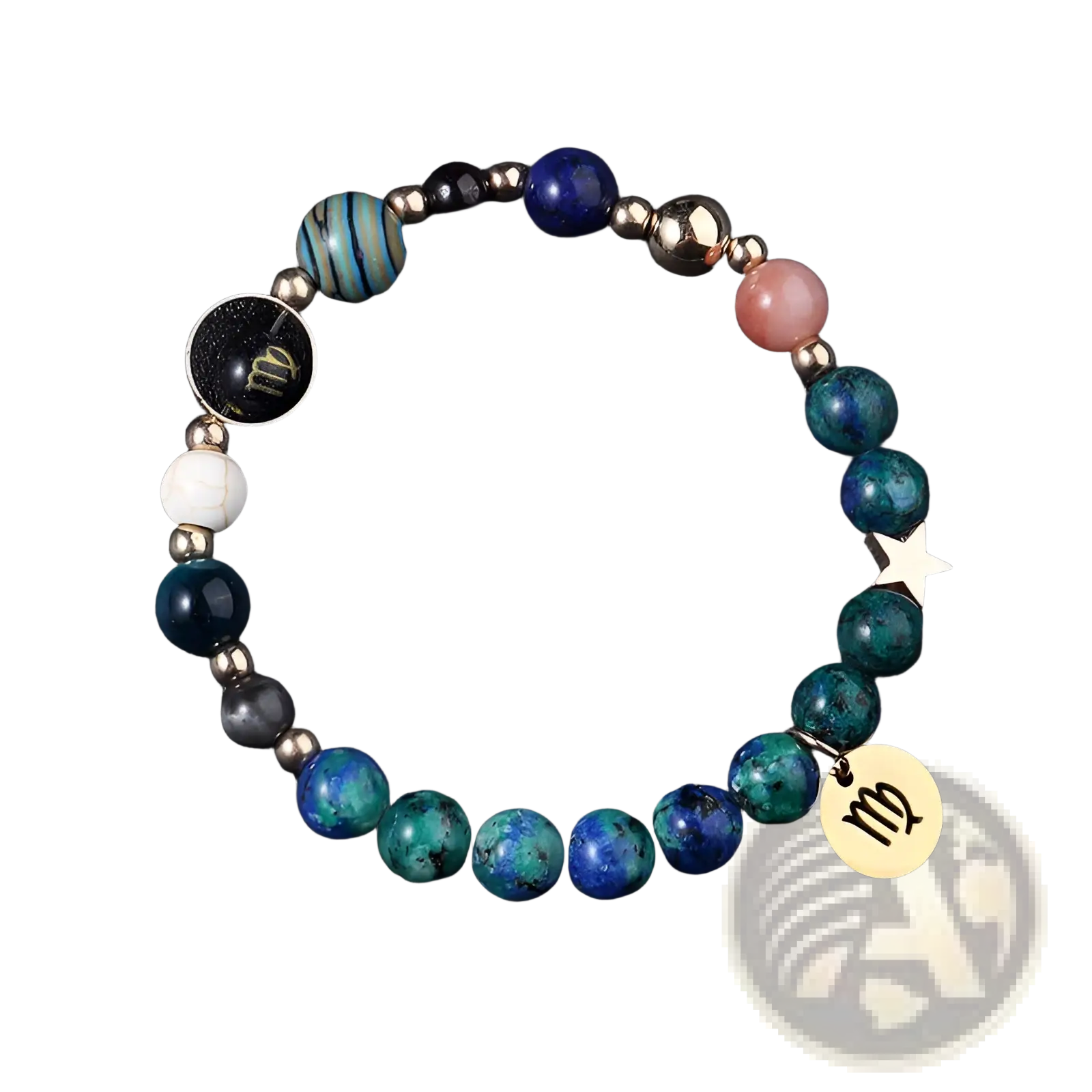 Natural stone zodiac constellation beaded bracelet with virgo theme featuring blue green and pink stones with metallic charms