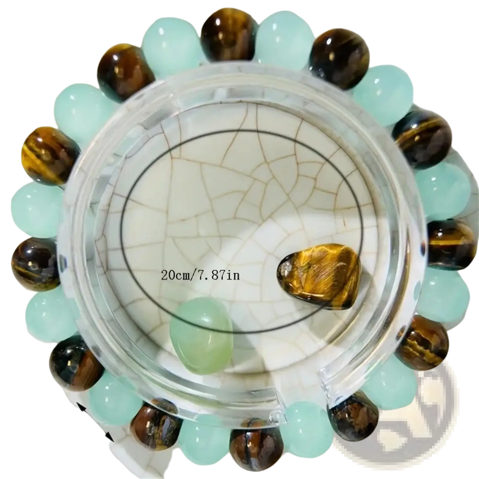Natural tiger eye and green aventurine beaded bracelet with light blue jade and tiger eye beads in a clear container