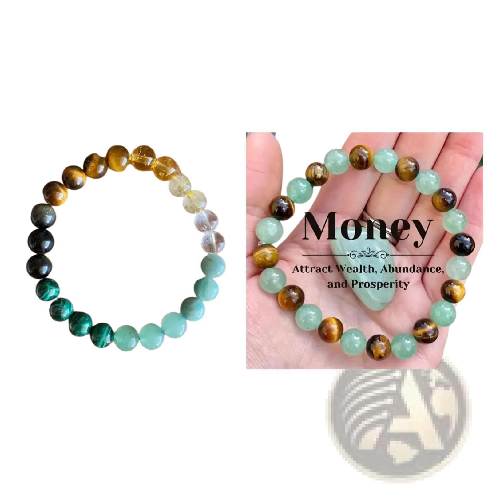 Natural tiger eye and green aventurine beaded bracelet with alternating tiger eye green aventurine and clear quartz stones