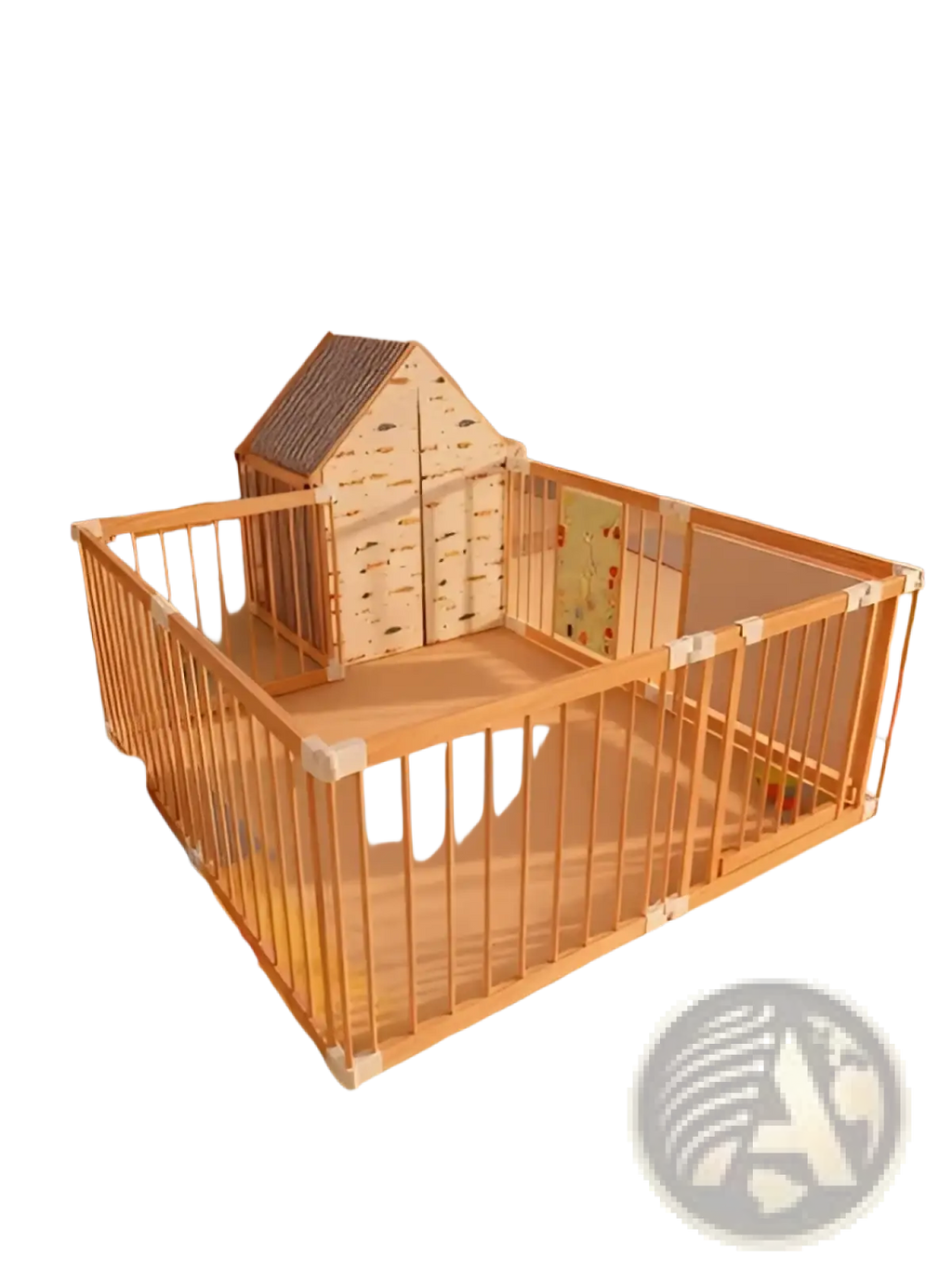 Light-colored natural wood baby playpen with 10 foldable panels and small house structure inside for safe play