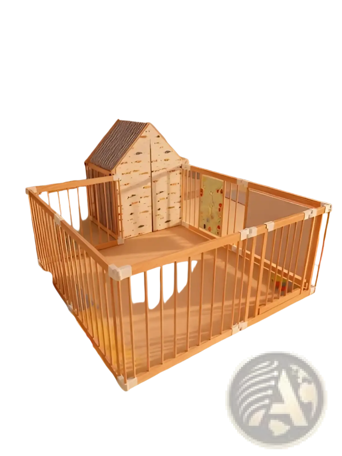 Light-colored natural wood baby playpen with 10 foldable panels and small house structure inside for safe play