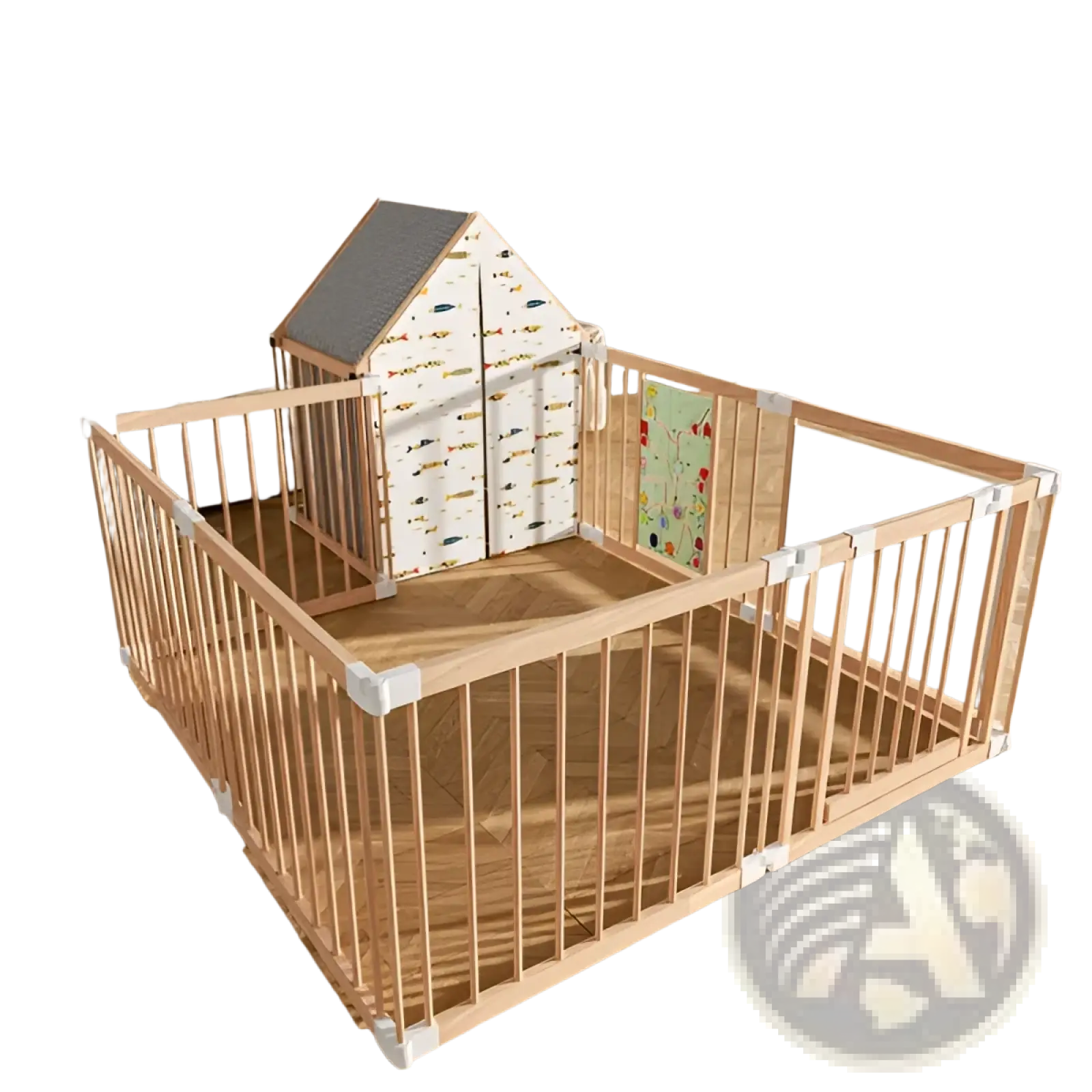 Light wood natural wood baby playpen 10 panel foldable play yard with white connectors and house-shaped play structure inside