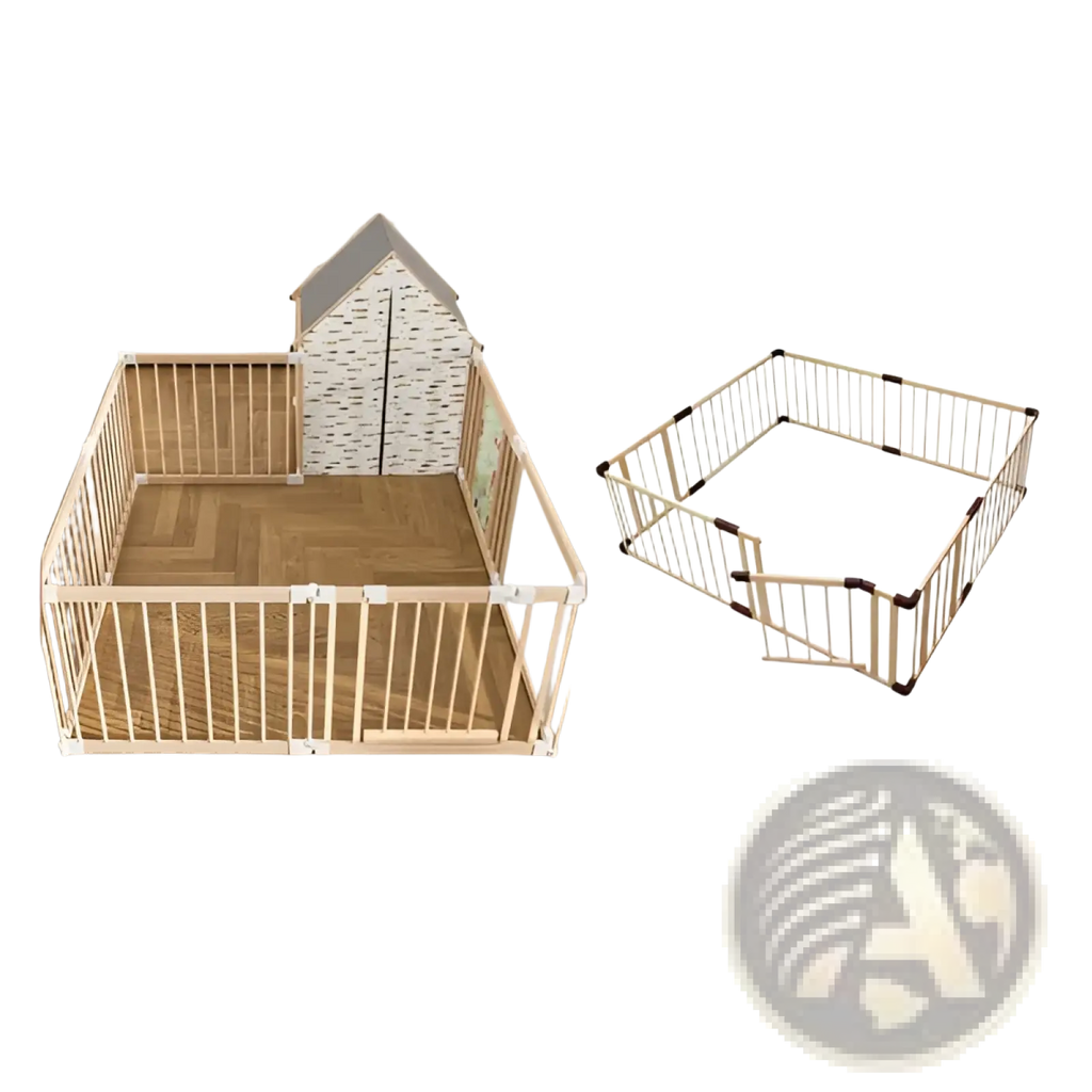 Natural wood baby playpen 10 panel foldable light wood color modular design with matching house-shaped tent attached