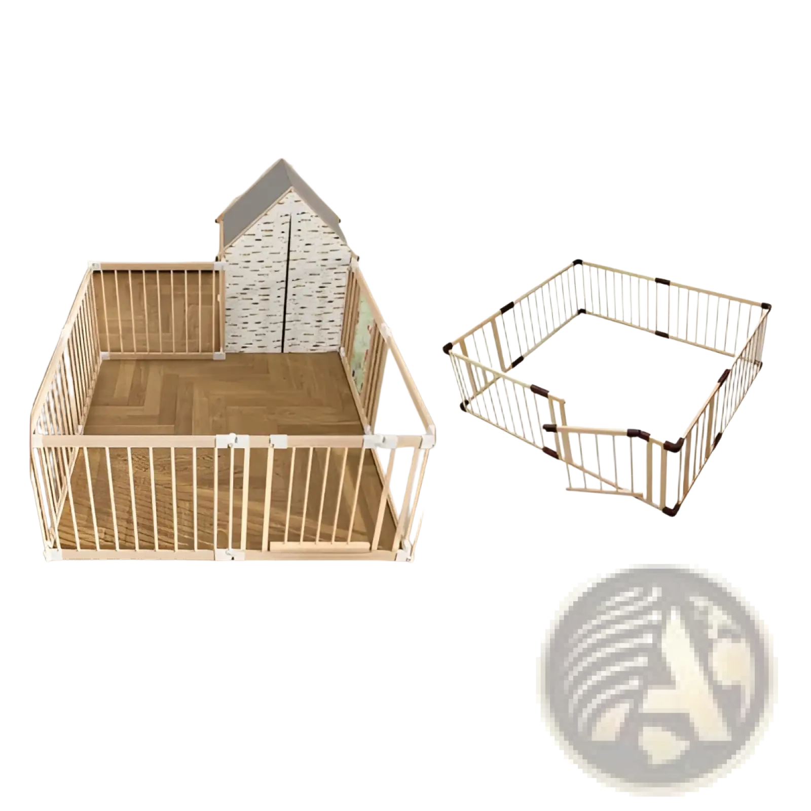 Natural wood baby playpen 10 panel foldable light wood color modular design with matching house-shaped tent attached