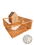 Natural wood baby playpen with 10 foldable light-colored wooden panels and a striped roof with patterned sides