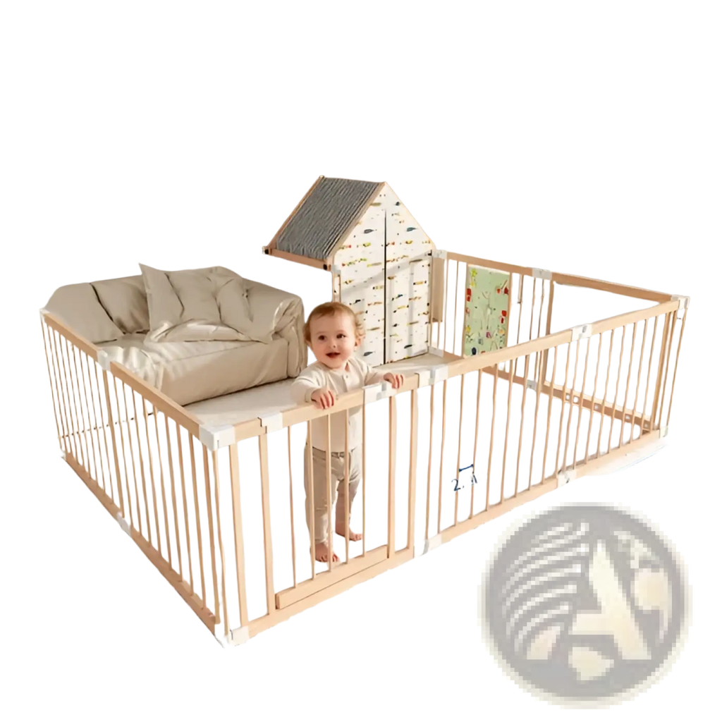 Natural wood baby playpen 10 panel foldable play yard with light wood finish adjustable height panels and white padded corners
