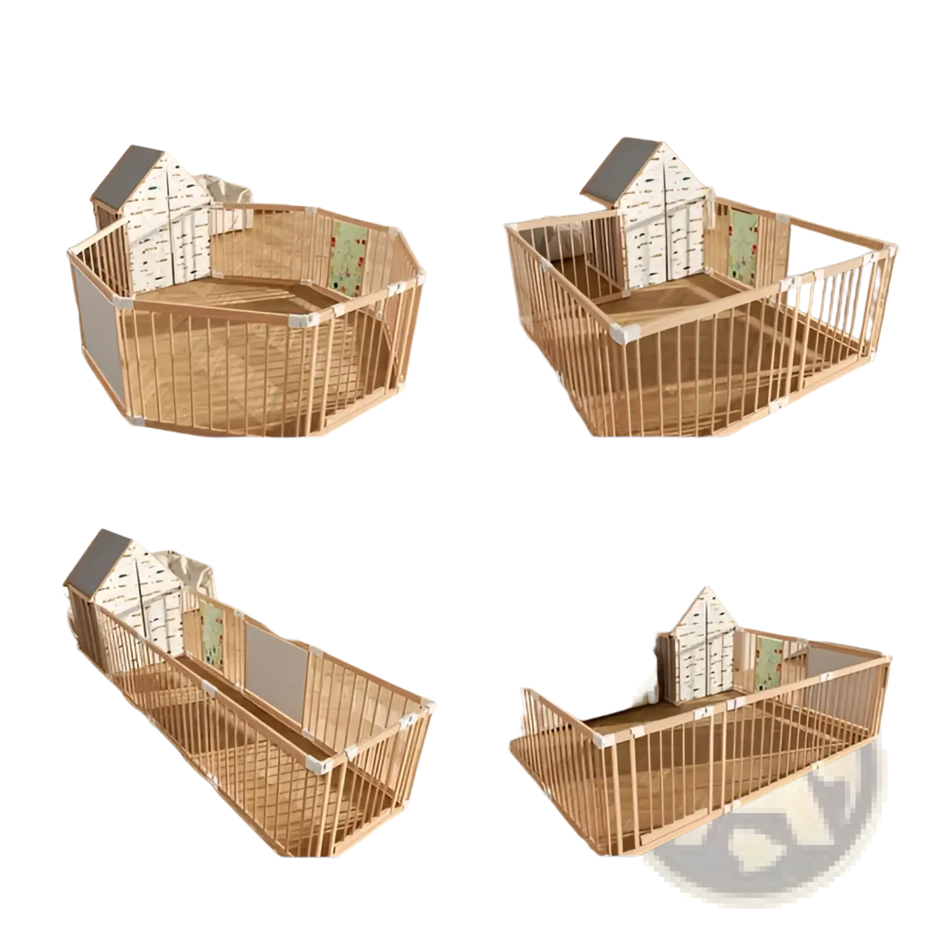 Natural wood baby playpen with 10 foldable panels featuring a light wood-colored metal frame and soft fabric panels