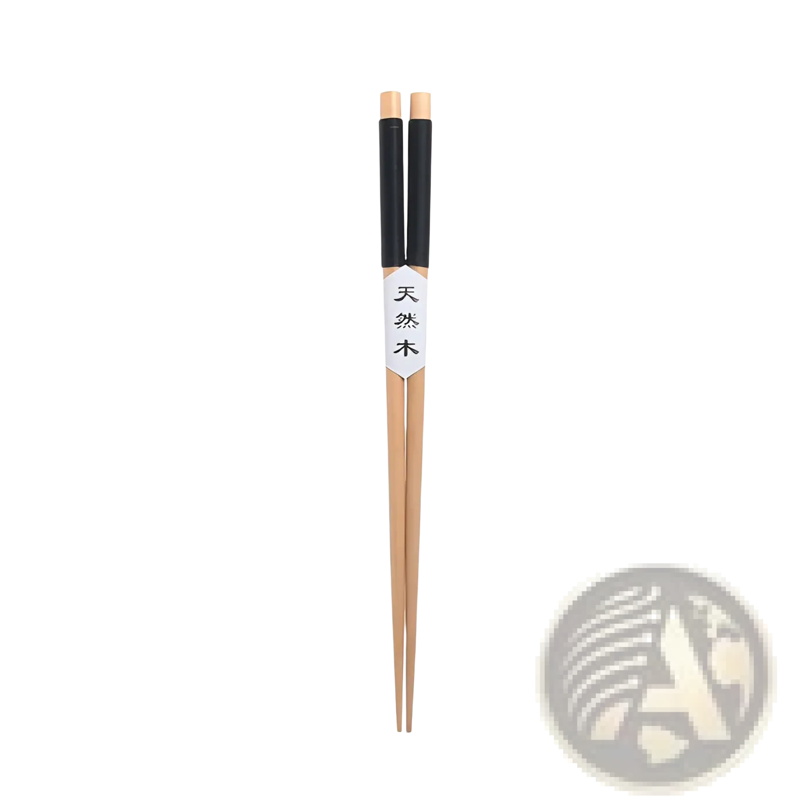 Natural wood chopsticks with black textured handles and a white label featuring Chinese characters