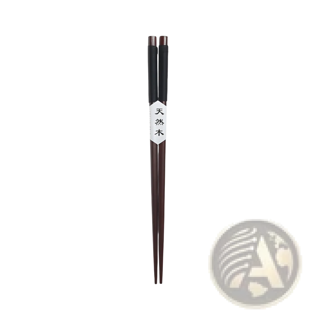 Dark brown natural wood chopsticks with black textured grips and a white label featuring Chinese characters