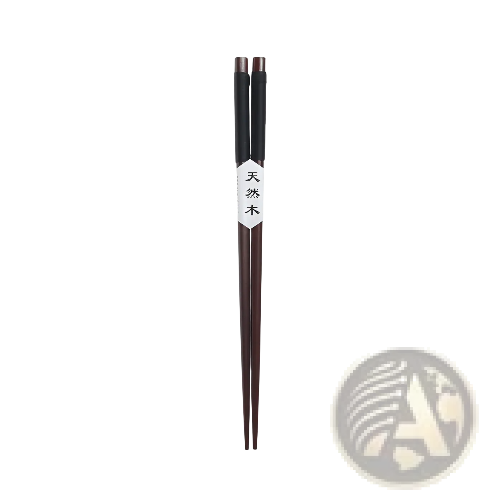 Dark brown natural wood chopsticks with black textured grips and a white label featuring Chinese characters