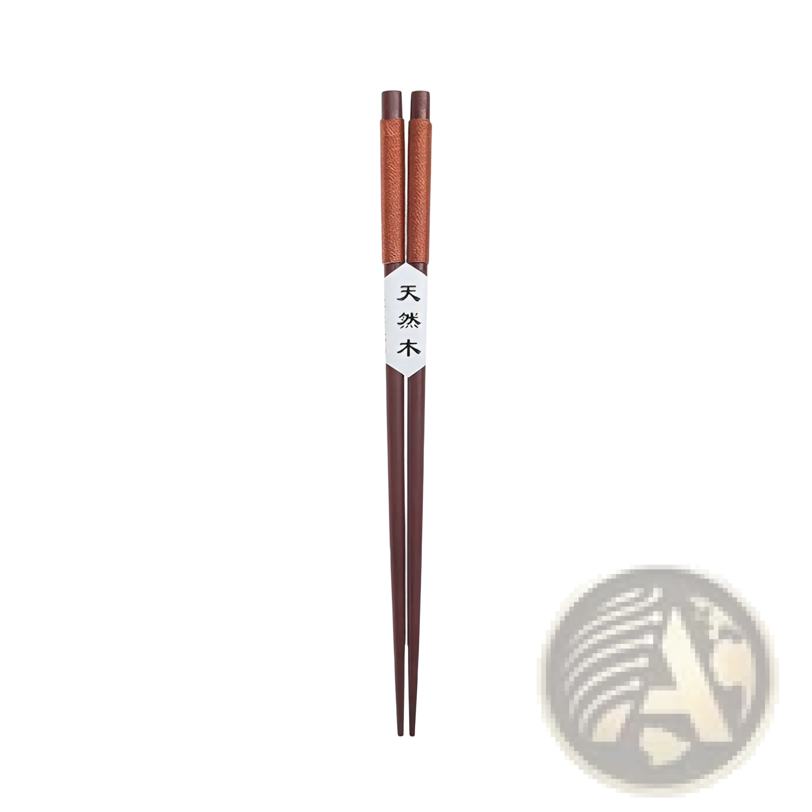 Natural wood chopsticks in dark brown with textured reddish brown grips and a white label featuring Chinese characters