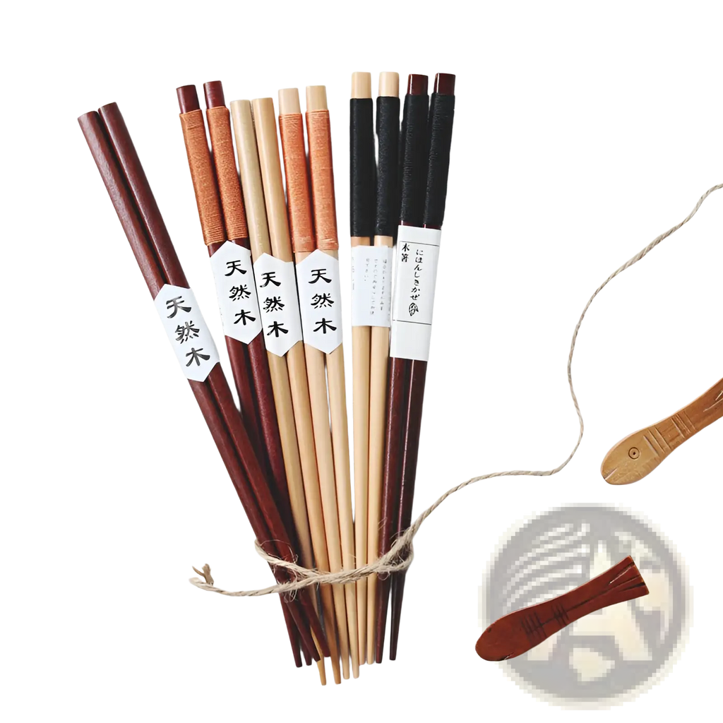 Set of natural wood chopsticks with textured hand grips in natural wood tones and japanese labeling on handles