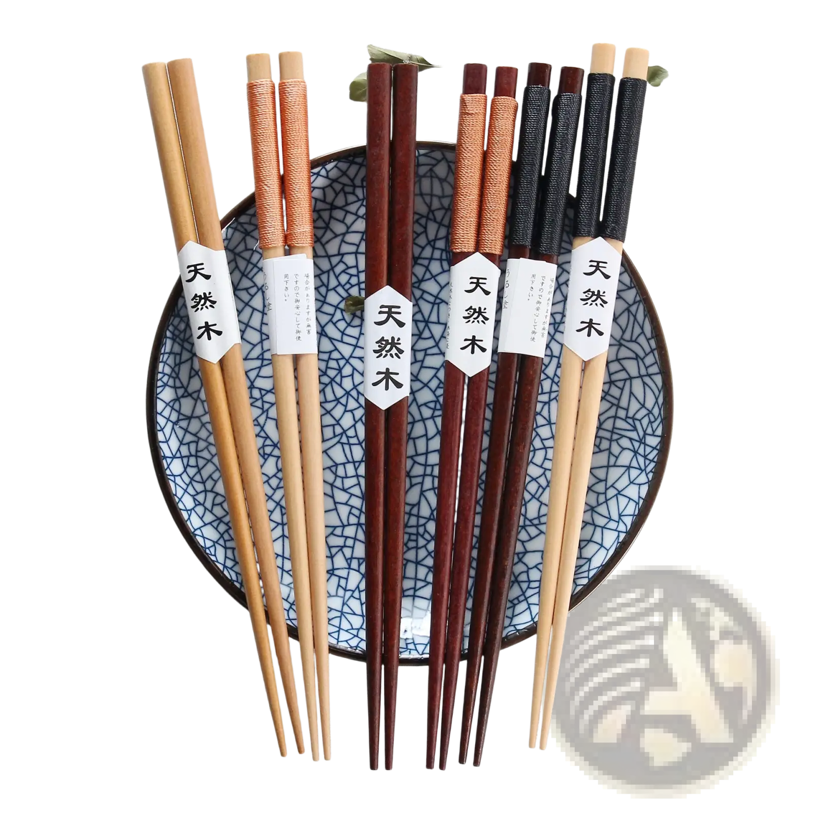 Natural wood chopsticks set in various tones with orange and black textured thread wrapped handles and white labels