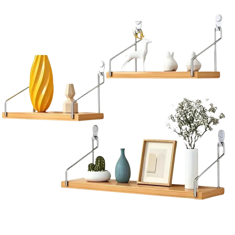 Natural wood wall mounted floating shelves with light wood and sleek silver metal brackets for modern storage
