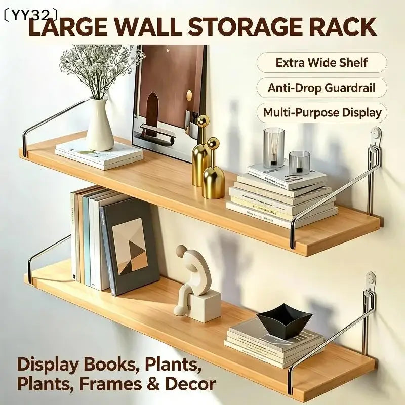 Light wood double-tier wall mounted floating shelves made of natural solid wood with sleek metal brackets