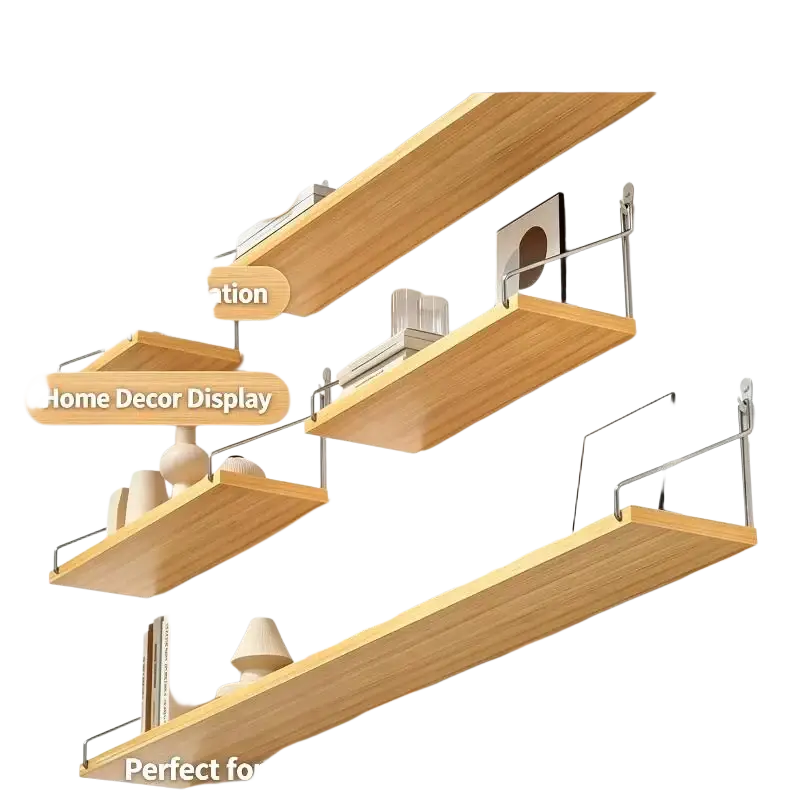 Light wood finished natural solid wood wall mounted 3 tier floating shelves with sleek metal brackets