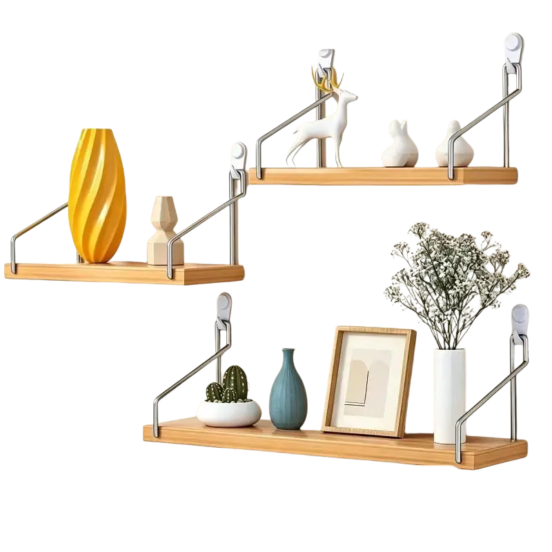 Natural wood wall mounted floating shelves with light wood finish and sleek silver metal brackets