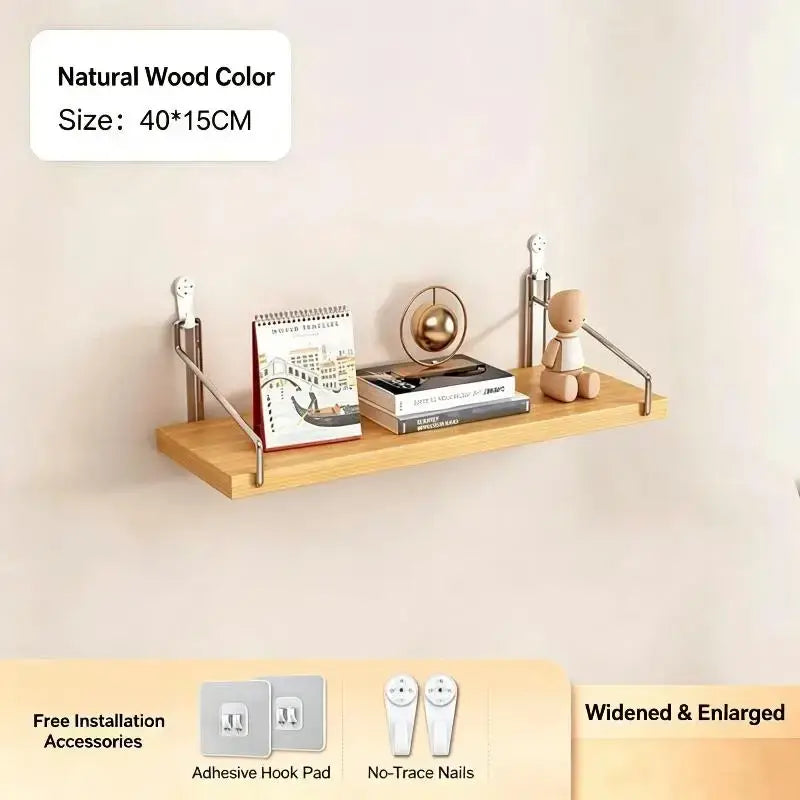 Natural wood wall mounted floating shelf with natural solid wood finish and sleek metallic brackets