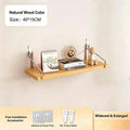 Natural wood wall mounted floating shelf with natural solid wood finish and sleek metallic brackets