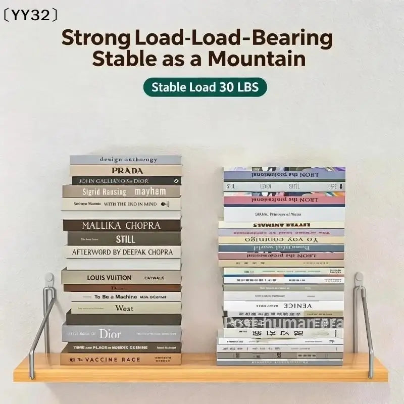 Two stacks of books on natural wood wall mounted floating shelves made of natural solid wood on a wooden shelf