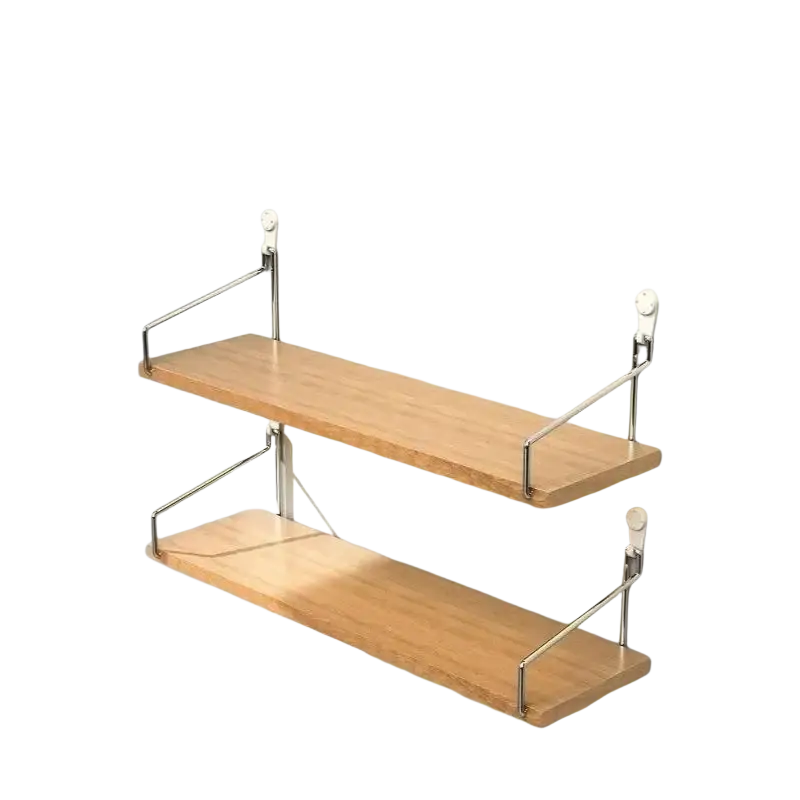Two-tiered wall mounted natural wood floating shelves made of light bamboo with sleek chrome metal brackets