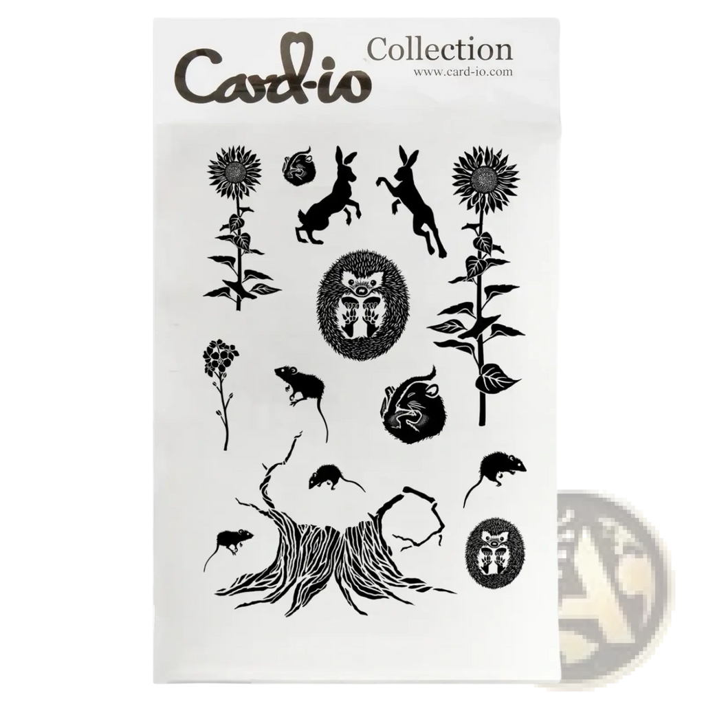 Nature forest clear stamp set featuring black ink stylized cut-out forest creatures and plants for scrapbooking