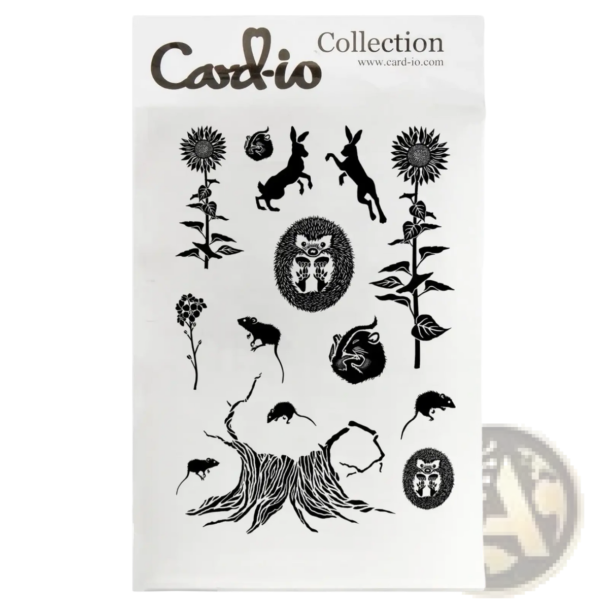 Nature forest clear stamp set featuring black ink stylized cut-out forest creatures and plants for scrapbooking