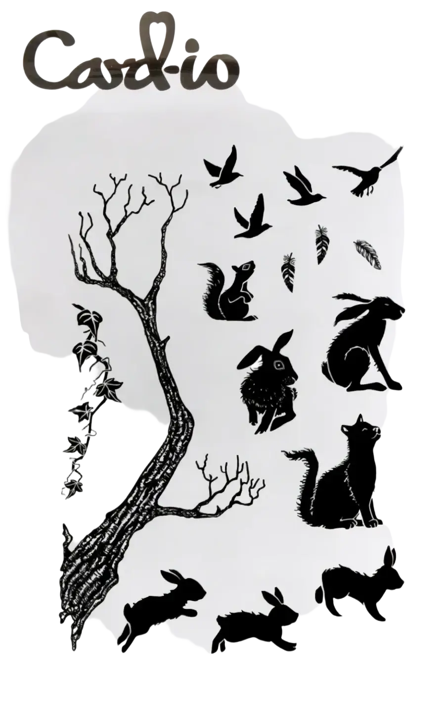 Nature forest clear stamp set featuring black ink woodland creatures and birds for scrapbooking on white background